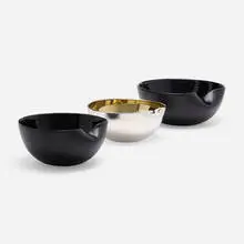 Elsa Peretti, Thumbprint bowls, collection of three, c. 1985, sterling silver parcel-gilt, glazed porcelain