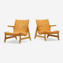 Ralph Rapson, Greenbelt lounge chairs, pair, 1945, maple, cotton webbing, brass tacks