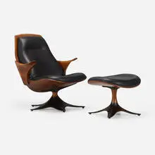 Thomas Moser, Kinesis chair and ottoman, 2009, walnut, cast bronze, leather