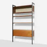 CSS (Comprehensive Shelving System) by George Nelson & Associates, 1959, walnut, aluminum, enameled aluminum, sold Nov 2023