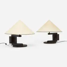 André Sornay, Rondins table lamps, pair, rosewood, lacquered wood, brass, parchment