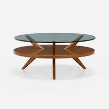 Coffee table by Modern, c. 1965, chestnut, glass, sold Nov 2023