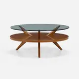 Coffee table by Modern, c. 1965, chestnut, glass, sold Nov 2023