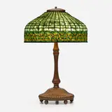 Greek Key table lamp by Tiffany Studios, c. 1910, leaded glass, patinated bronze, sold Oct 2023