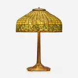 Tiffany Studios, Greek Key table lamp, c. 1910, leaded glass, patinated bronze
