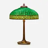 Greek Key table lamp by Tiffany Studios, c. 1910, leaded glass, patinated bronze, sold Oct 2023