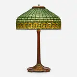 Greek Key table lamp by Tiffany Studios, c. 1910, leaded glass, patinated bronze, sold Oct 2023
