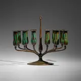 Tiffany Studios, Rare twelve-light candelabrum, c. 1910, patinated bronze, hand-blown glass