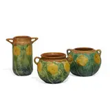 Sunflower vases, three: shape numbers 208-5, 485-6 and 485-4 by Roseville Pottery, sold Mar 2021