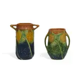 Sunflower vases, two: shape numbers 485-6 and 512-5 by Roseville Pottery, sold Mar 2021
