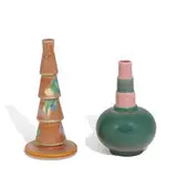 Futura vases, two: Ball Bottle, shape number 384-8 and Christmas Tree, shape number 390-10 by Roseville Pottery, sold Mar 2021