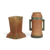 Futura vases, two: Stump, shape number 421-5 and Beer Mug, shape number 381-6 by Roseville Pottery, sold Mar 2021