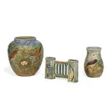 Weller Pottery, Glendale vases, three: a bud vase, a vase with nesting bird and a vase with nesting plovers