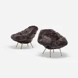Dahléns Dalum Fåtöljindustri Ab, lounge chairs, pair, c. 1960, faux fur, brass, nickel-plated brass
