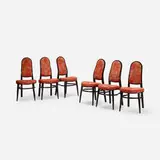 Edward Wormley, dining chairs, set of six, c. 1967, lacquered wood, Jack Lenor Larsen upholstery