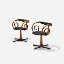 George Mulhauser, Sultana chairs, pair, c. 1965, walnut plywood, lacquered wood, vinyl, enameled steel, plastic