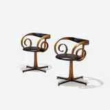 George Mulhauser, Sultana chairs, pair, c. 1965, walnut plywood, lacquered wood, vinyl, enameled steel, plastic