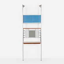 George Nelson & Associates, CSS (Comprehensive Storage System) vanity, c. 1962, aluminum, walnut veneer, lacquered Masonite, laminate, glass mirror, fabric, plastic