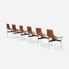 T-chairs model 3-LC, set of six by Ross Littell and Douglas Kelley William Katavolos, 1953, chrome-plated steel, enameled steel, leather, sold Mar 2018