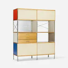Charles and Ray Eames, ESU 400-C, 1950, fiberglass, enameled masonite, birch plywood, zinc-plated steel, perforated and enameled steel, lacquered plywood