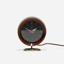table clock, model 4765A by George Nelson & Associates, 1949, walnut, brass, enameled aluminum, glass, sold Mar 2018