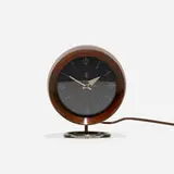 table clock, model 4765A by George Nelson & Associates, 1949, walnut, brass, enameled aluminum, glass, sold Mar 2018