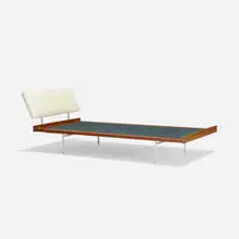 Ladislav Rado, twin bed, c. 1955, mahogany, enameled steel, vinyl, upholstery