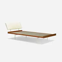 Ladislav Rado, twin bed, c. 1955, mahogany, enameled steel, vinyl, upholstery