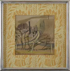 Peggy Angus, Untitled, pencil and watercolour 22.5 x 22cm Mounted with a hand-printed Peggy Angus wallpaper. .
