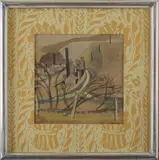 Peggy Angus, Untitled, pencil and watercolour 22.5 x 22cm Mounted with a hand-printed Peggy Angus wallpaper. .