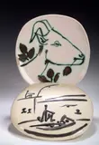 for Madoura, circa 1950 by Pablo Picasso, sgraffito decoaretd with stick figures, cream glazed,; ceramic, Madoura edition, sold Nov 2003