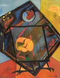 Max Ernst, Je vous parle en père de famille, 1963, Öl und Objekt (Bakelit-Sandform) auf Holz
