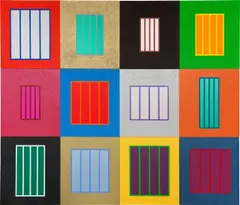 Peter Halley, Conspiracy Theory, 2002, Acryl, teilweise fluoreszierend, und Roll-a-Tex auf Leinwand (12 Leinwände, montiert in 3 Reihen)