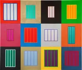 Peter Halley, Conspiracy Theory, 2002, Acryl, teilweise fluoreszierend, und Roll-a-Tex auf Leinwand (12 Leinwände, montiert in 3 Reihen)