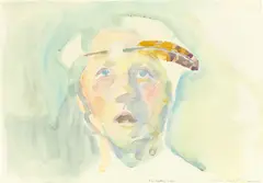 Maria Lassnig, Denkerin“ (Selbstbildnis), 1981, Aquarell auf Velin