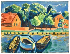 Drei Boote (Leba) by Max Pechstein, 1922, Aquarell über Kreide auf leicht genarbtem Papier, sold Nov 2009