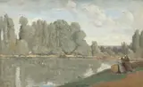Jean-Baptiste Camille Corot, Le Rhône. Trois femmes au bord du fleuve, assises sur un tronc d'abre