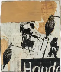 Hände by Neo Rauch, 1993, Öl und Schellack auf Papier, collagiert auf Leinen, sold Dec 2021