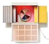 Robert Rauschenberg, Publicon-Station IV (Publicons), 1978, Sculpture composed of wood coated with nitrocellulose lacquer, collaged silk and cotton fabrics, bicycle wheel, baked epoxy enamel over polished aluminum, Plexiglas, and fluorescent light fixture