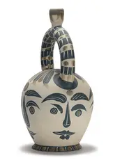 Pablo Picasso, Aztec vase with four faces, 1957, Turned vase of white earthenware clay, decoration in engobes, knife engraved