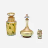Tiffany Studios, Perfume bottles, set of two and scarab wax seal, c. 1914, hand-blown Favrile glass