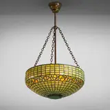 Vine Border (Lemon Leaf) hanging fixture by Tiffany Studios, c. 1910, leaded glass, patinated bronze, Favrile glass, sold Oct 2023