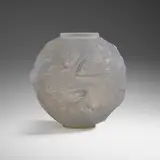 Formose vase by René Lalique, 1924, green glass with white patina, sold Oct 2023