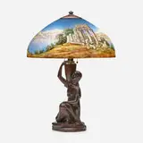 Greek Ruins table lamp by Handel, c. 1914, reverse-painted Chipped Ice glass, patinated metal, sold Oct 2023