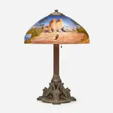 Handel, Egyptian Ruins table lamp, c. 1920, reverse-painted Chipped Ice glass, patinated metal