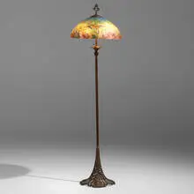 Rare Macaws floor lamp by Handel, c. 1921, reverse-painted Chipped Ice glass, patinated metal, sold Oct 2023