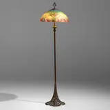 Handel, Rare Macaws floor lamp, c. 1921, reverse-painted Chipped Ice glass, patinated metal
