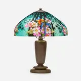 Handel, Jungle Birds table lamp, model 7028, c. 1923, reverse-painted Chipped Ice glass, patinated metal