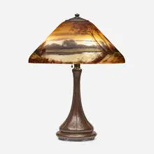 Seascape lamp by Handel, c. 1915, reverse-painted Chipped Ice glass, patinated metal, sold Oct 2023