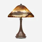 Handel, Seascape lamp, c. 1915, reverse-painted Chipped Ice glass, patinated metal